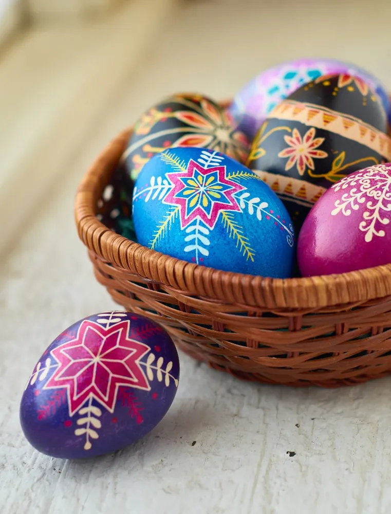 Folk Art Painted Eggs in Basket