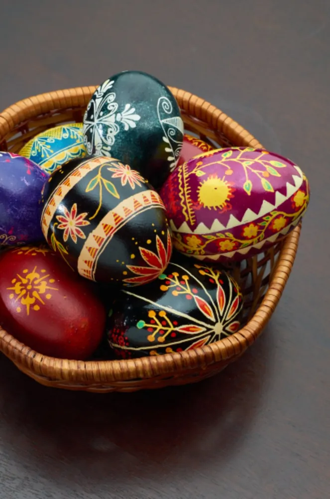 Folk Art Painted Eggs in Basket