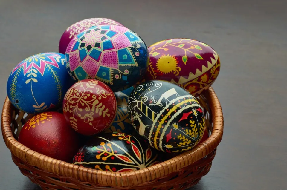 Folk Art Painted Eggs in Basket